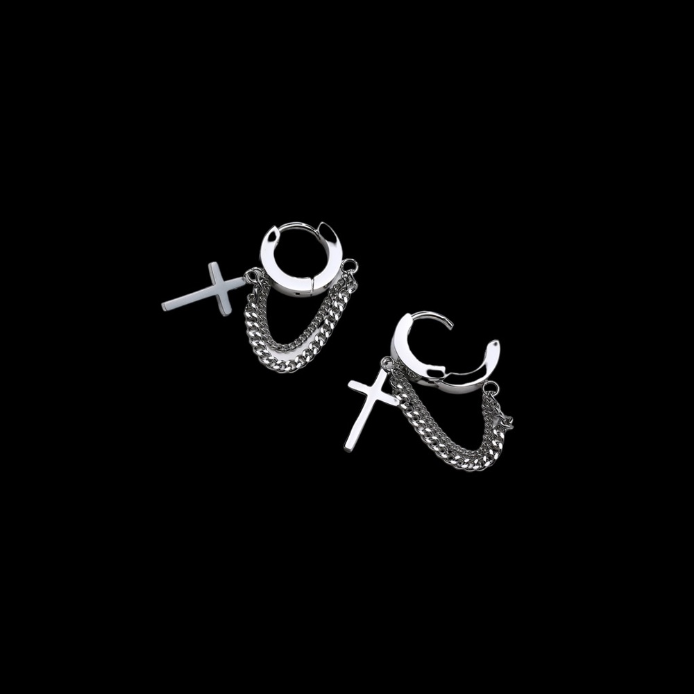 Mens Double Chain Cross Earring
